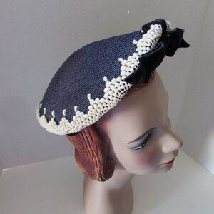 SALE Vintage Mid Century Hat Navy Weave White Trim Tear Drop Shape